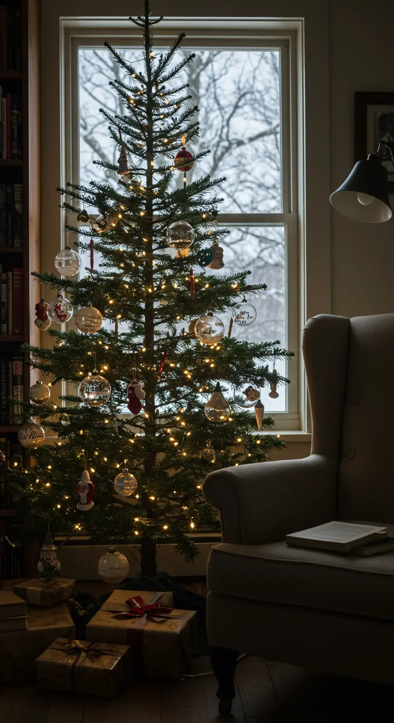 Un sapin de Noël simple et illuminé près d'une fenêtre en hiver.