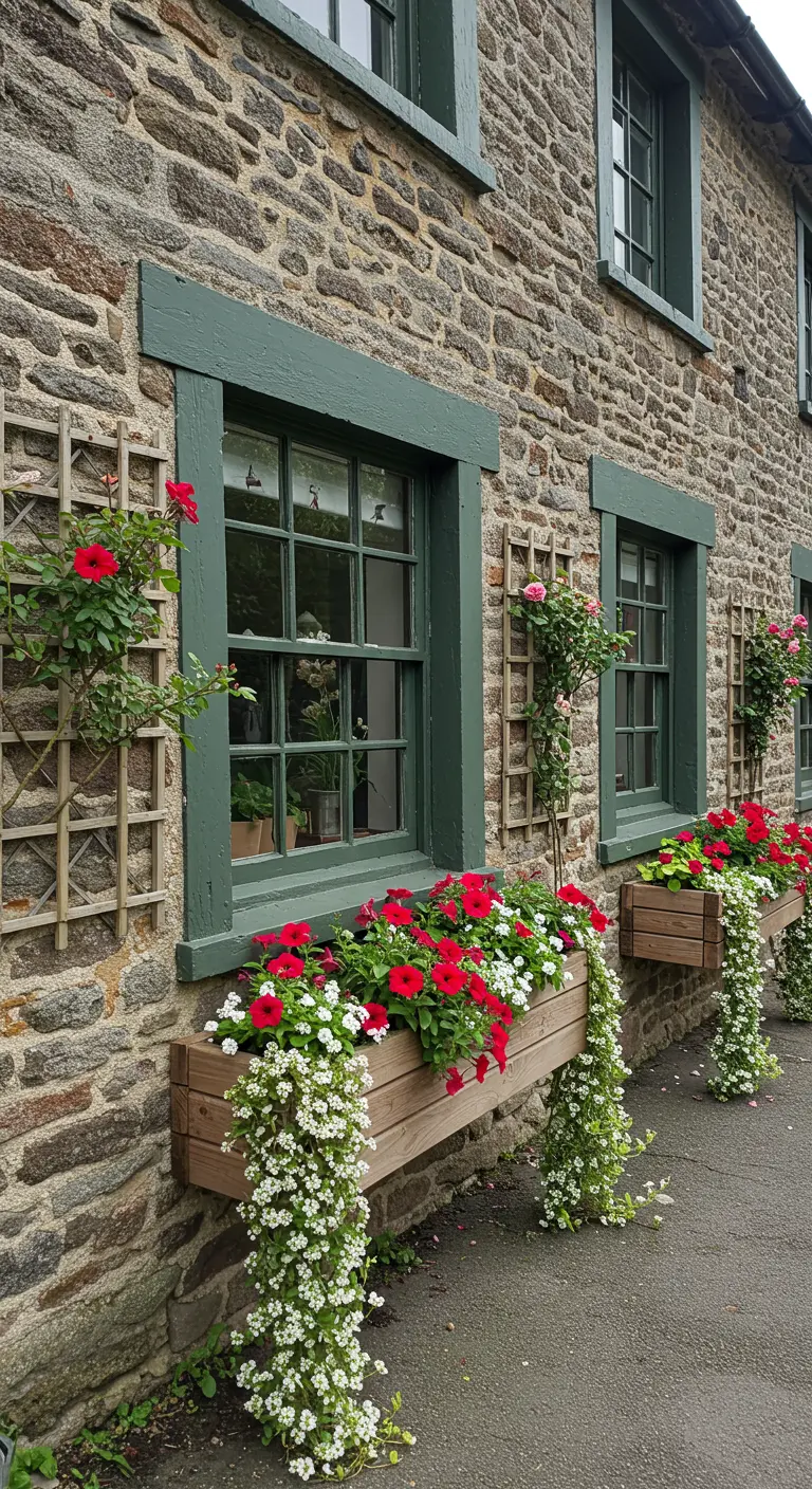 Façade de maison en pierre avec fenêtres vertes, jardinières en bois remplies de pétunias rouges et fleurs blanches retombantes.