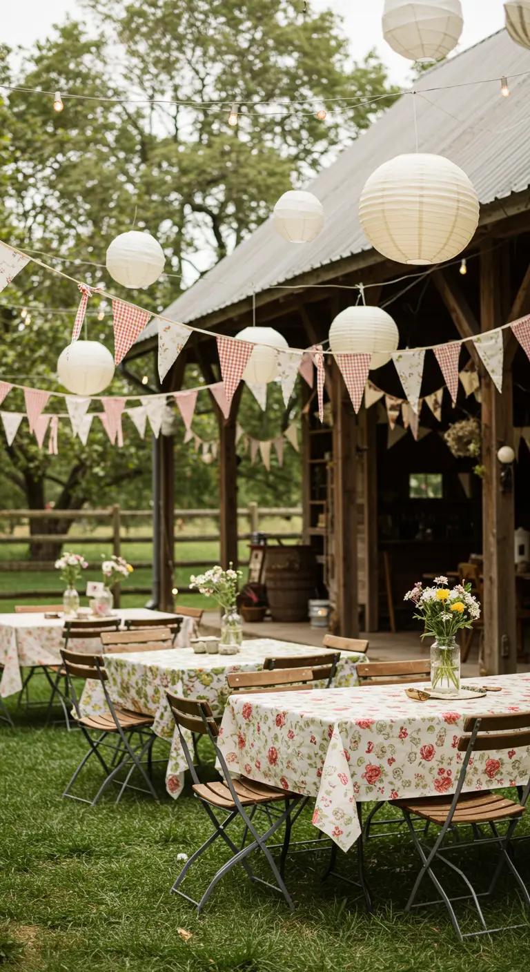 Fête à la ferme avec tables fleuries, lampions blancs, fanions vichy et une grange en arrière-plan.