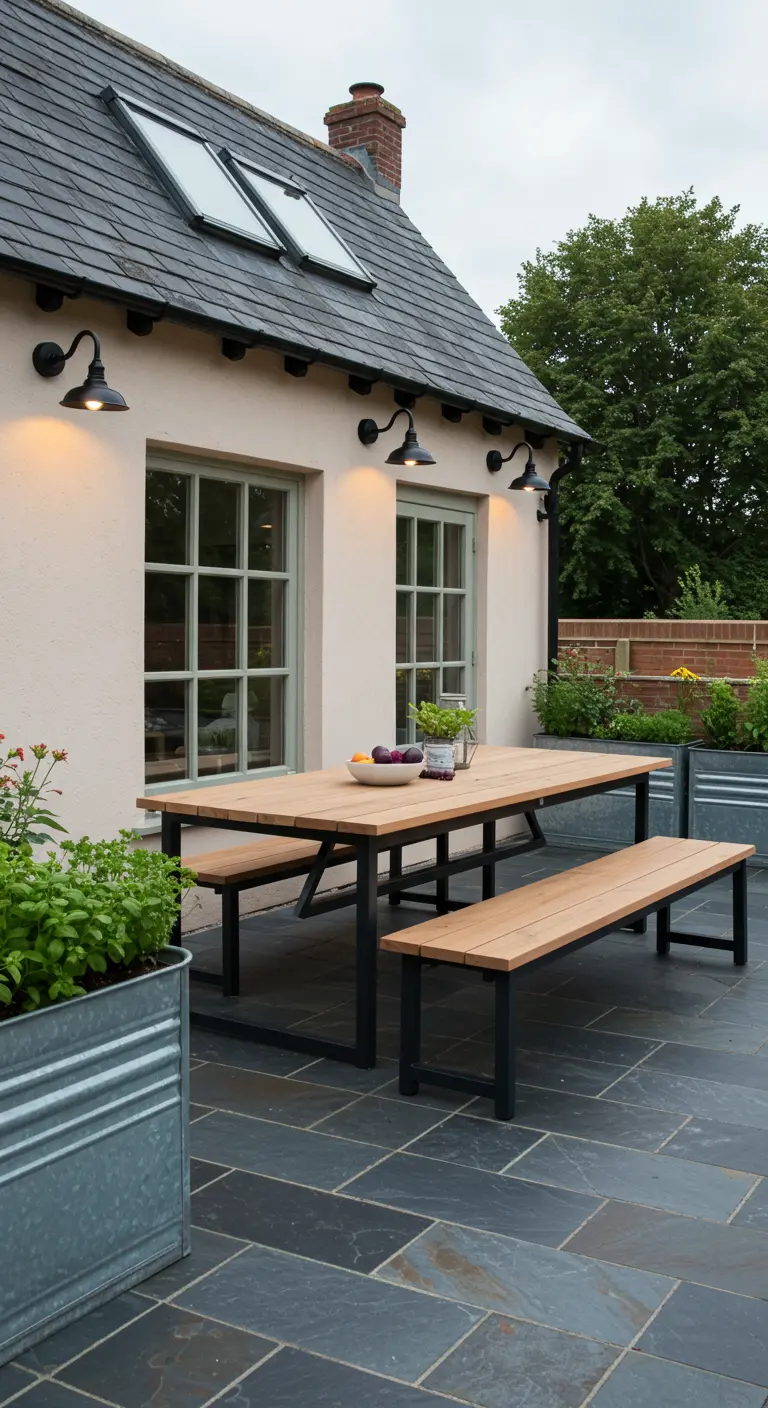 Table en bois et métal avec des bancs sur une terrasse en ardoise.