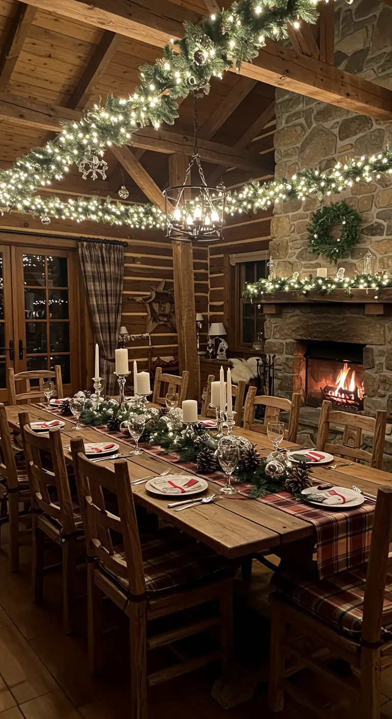 Table de fête rustique dans un chalet en bois avec cheminée et guirlandes.