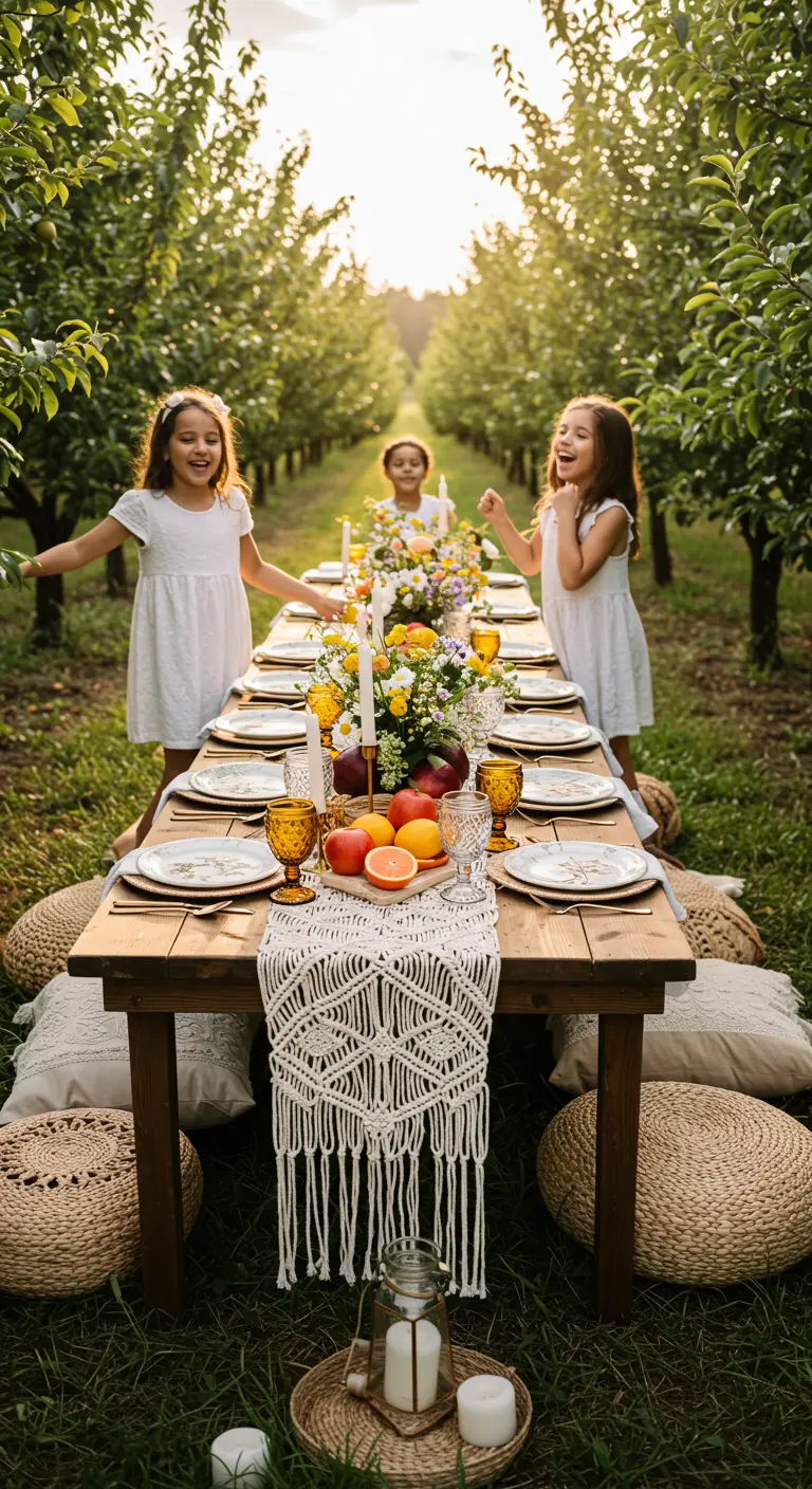 Grande tablée dans un verger, décorée de fleurs fraîches et de fruits de saison.