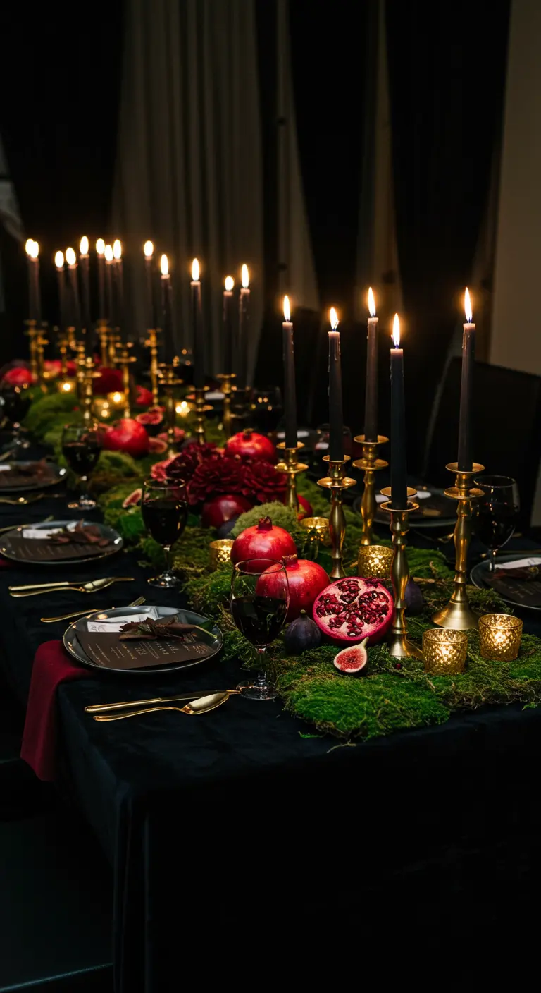 Table sombre baroque avec mousse, grenades, figues et bougies noires.