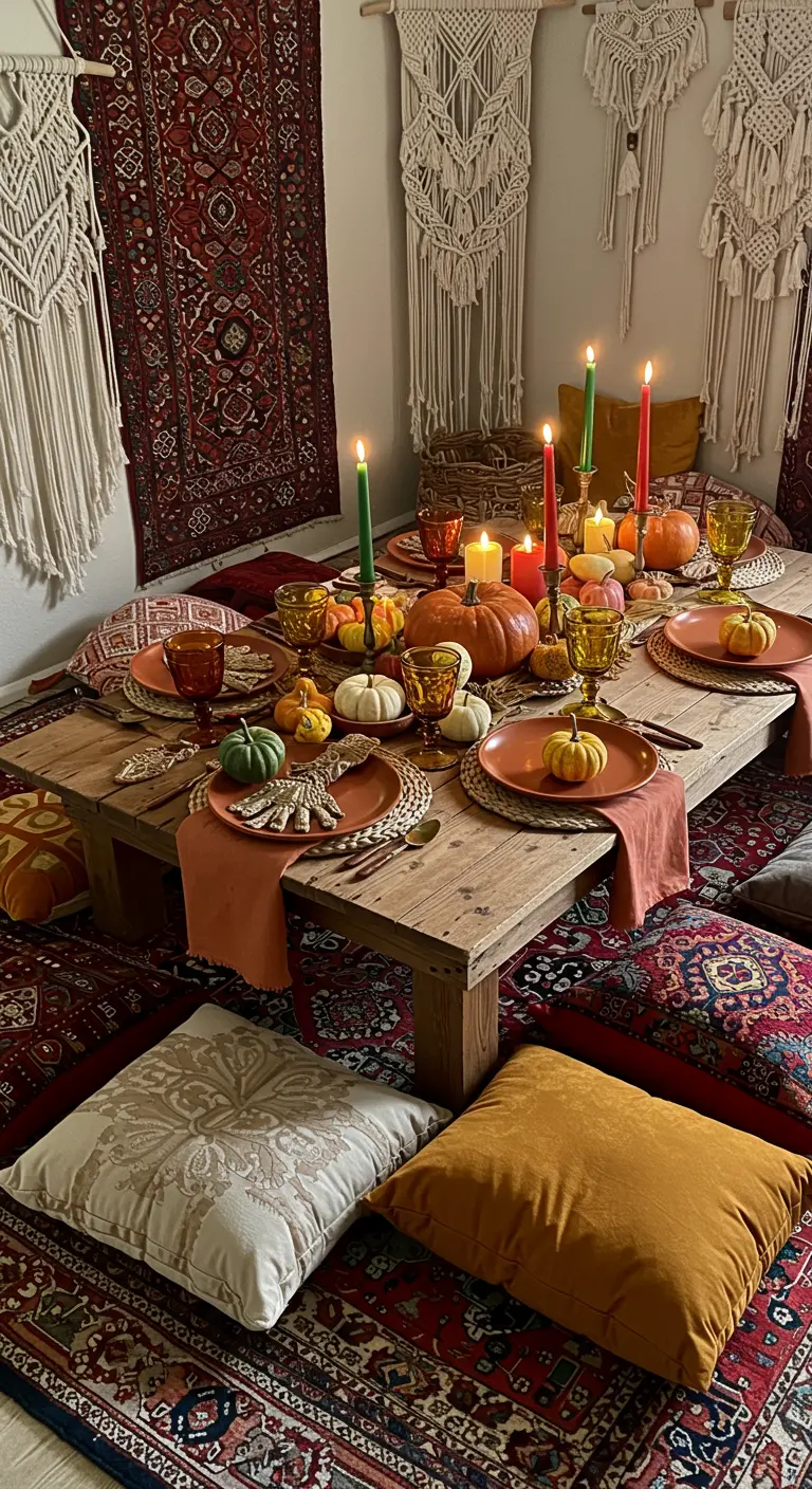 Table basse de style bohème dressée au sol sur des tapis, avec des coussins et des citrouilles.