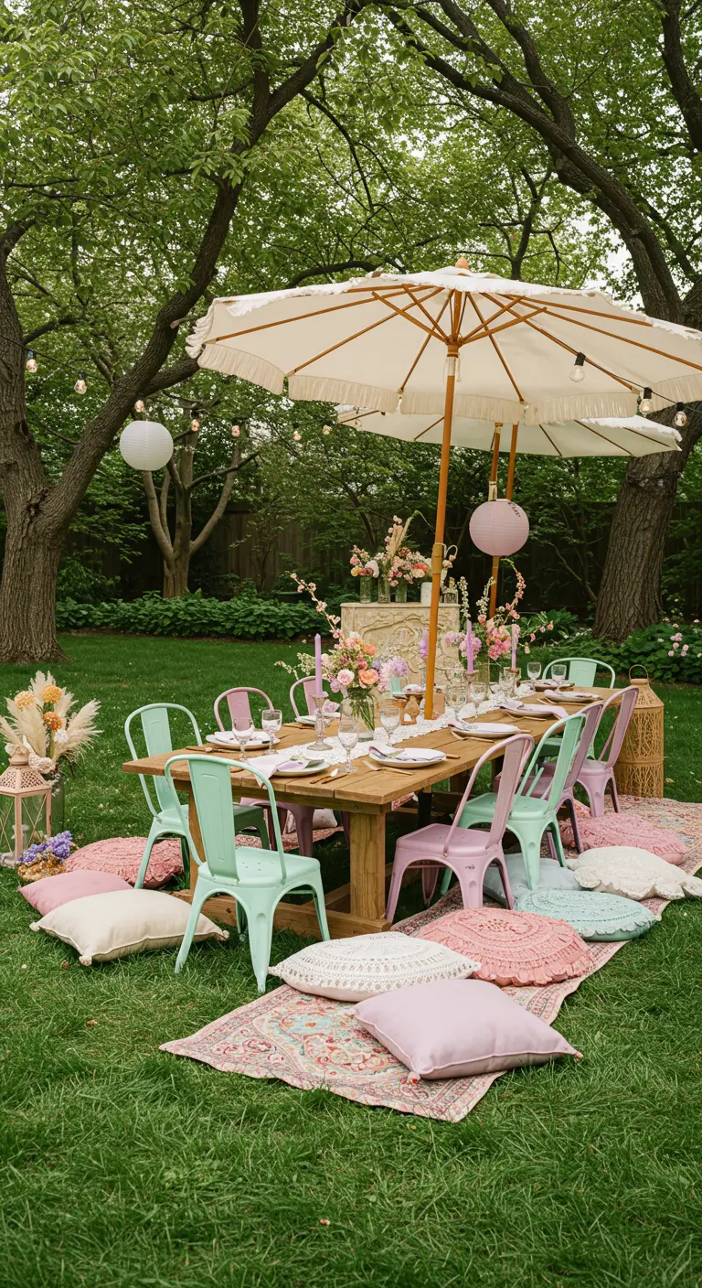 Table en bois, chaises pastel dépareillées, parasol à franges, coussins de sol dans un jardin bohème.