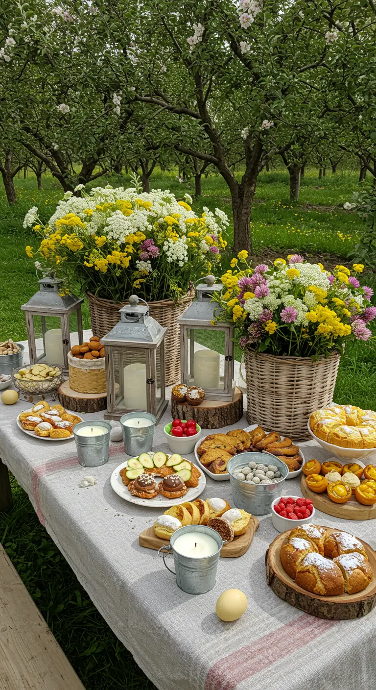 Table de Pâques dressée dans un verger avec paniers de fleurs, lanternes, bougies et gâteaux divers.