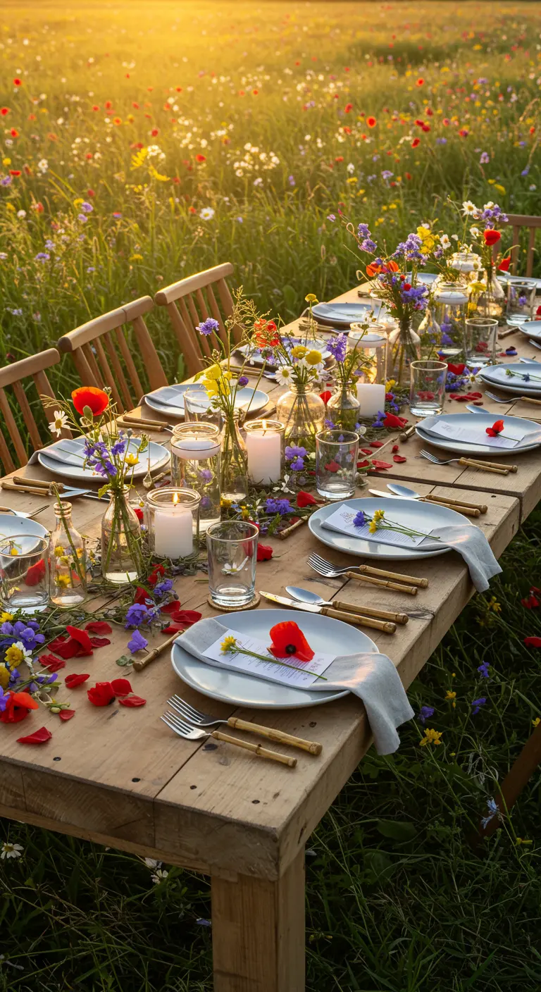 Longue table en bois dans champ de fleurs, vases de fleurs sauvages, bougies, pétales.