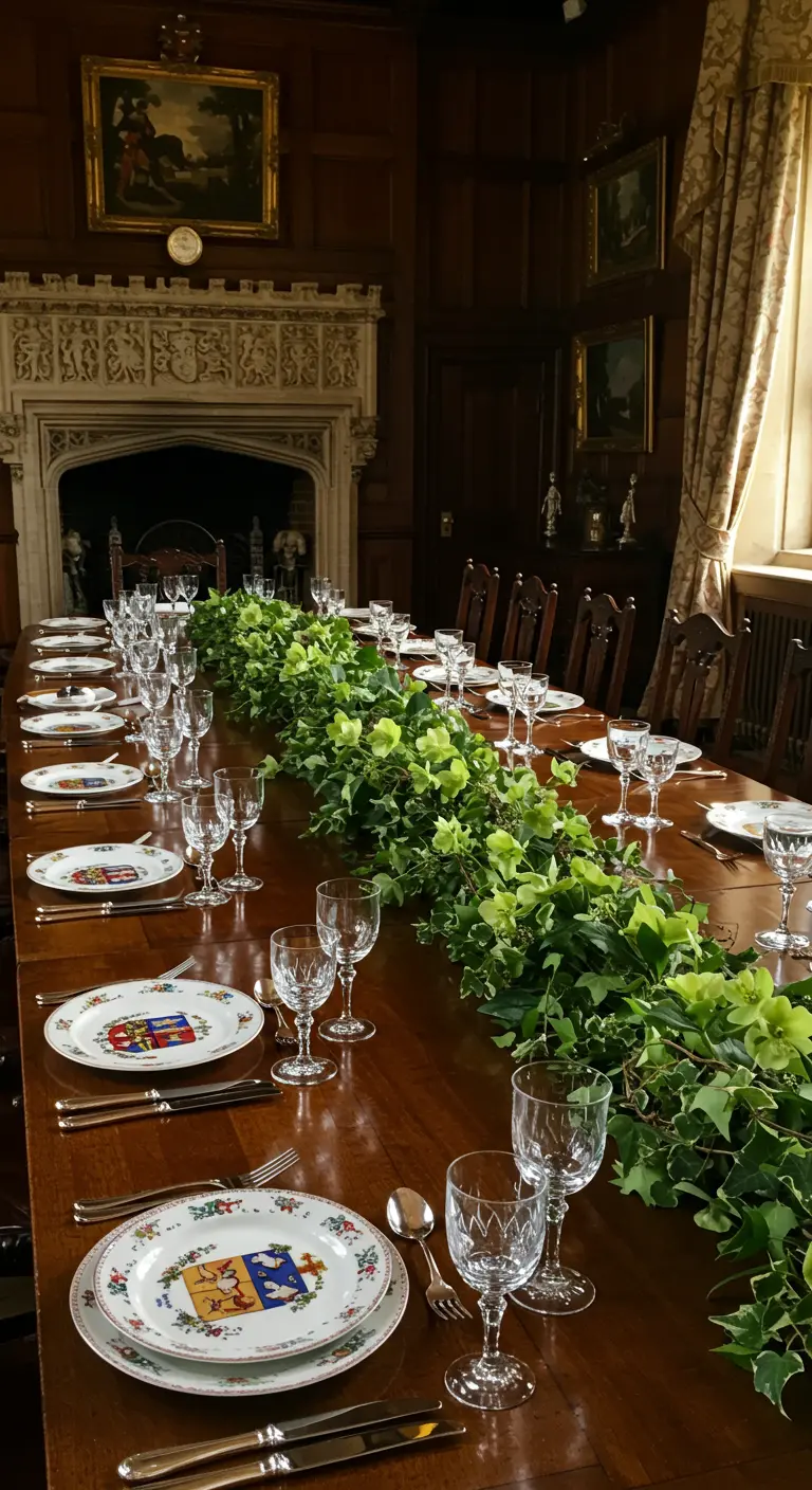 Table de banquet dans une salle historique avec une opulente guirlande de lierre.
