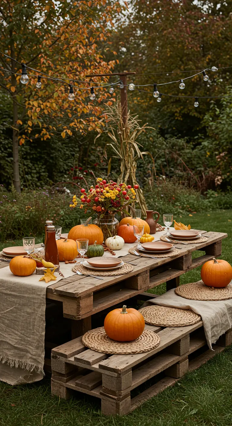 Table et bancs en palettes pour un dîner d'automne avec citrouilles, sets de table et guirlandes.
