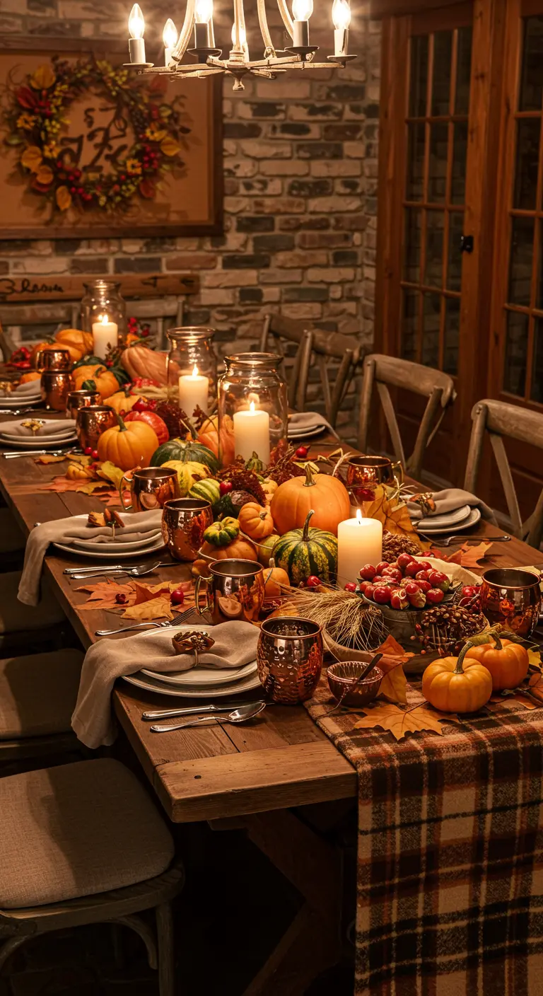 Table d'automne chargée de courges, de bougies et de vaisselle cuivrée.