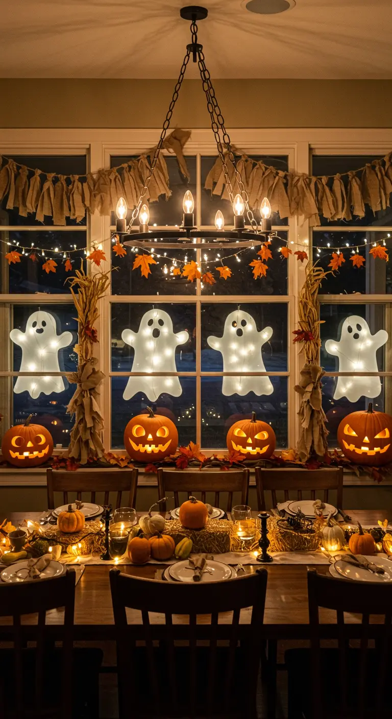Salle à manger avec fantômes lumineux aux fenêtres, citrouilles sculptées et guirlandes automnales.