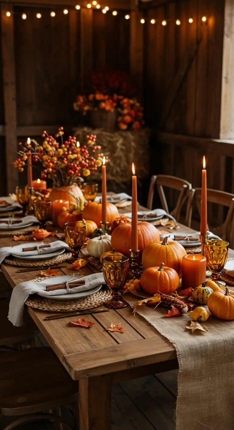 Table en bois décorée de citrouilles, feuilles d'automne, bougies oranges et chemin de table en lin brut.