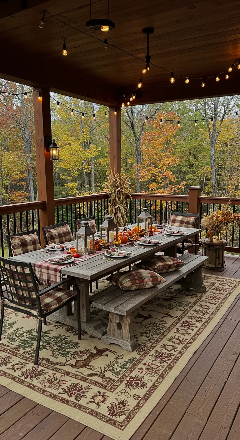 Grande terrasse avec table en bois, coussins écossais, décor automnal, tapis forestier et guirlandes.