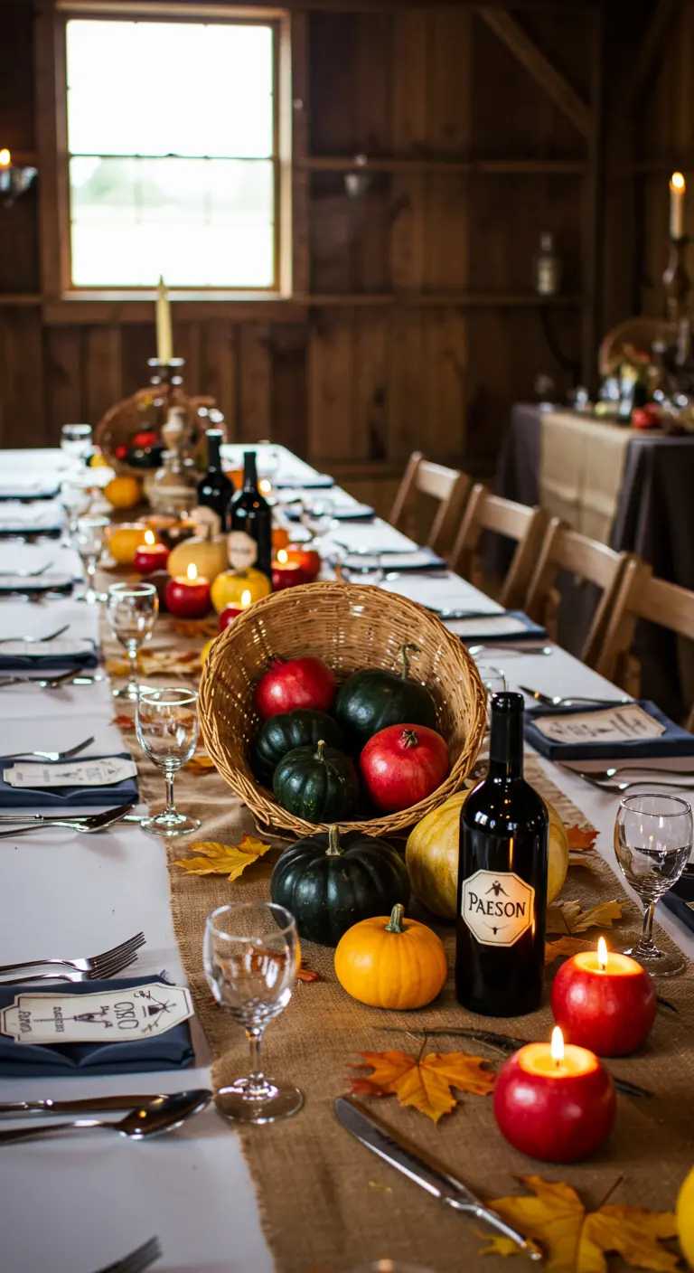 Table de récolte rustique avec pommes-bougies, courges et feuilles d'automne.