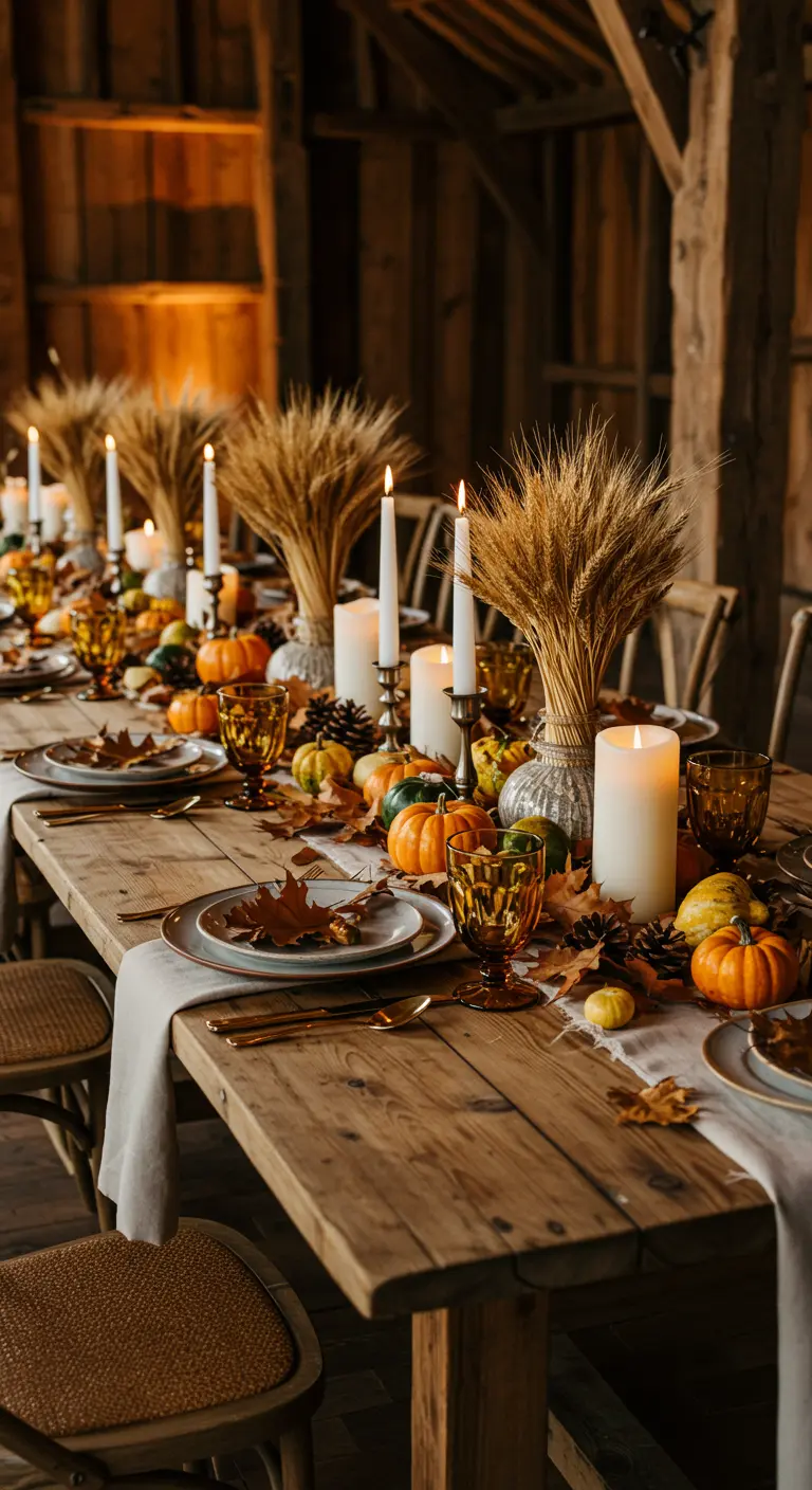 Table rustique d'automne avec mini citrouilles, feuilles séchées, bouquets de blé et bougies.