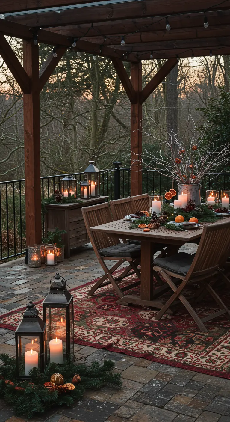 Salle à manger extérieure automnale sous une pergola, avec une table en bois décorée de bougies et guirlandes de pin.