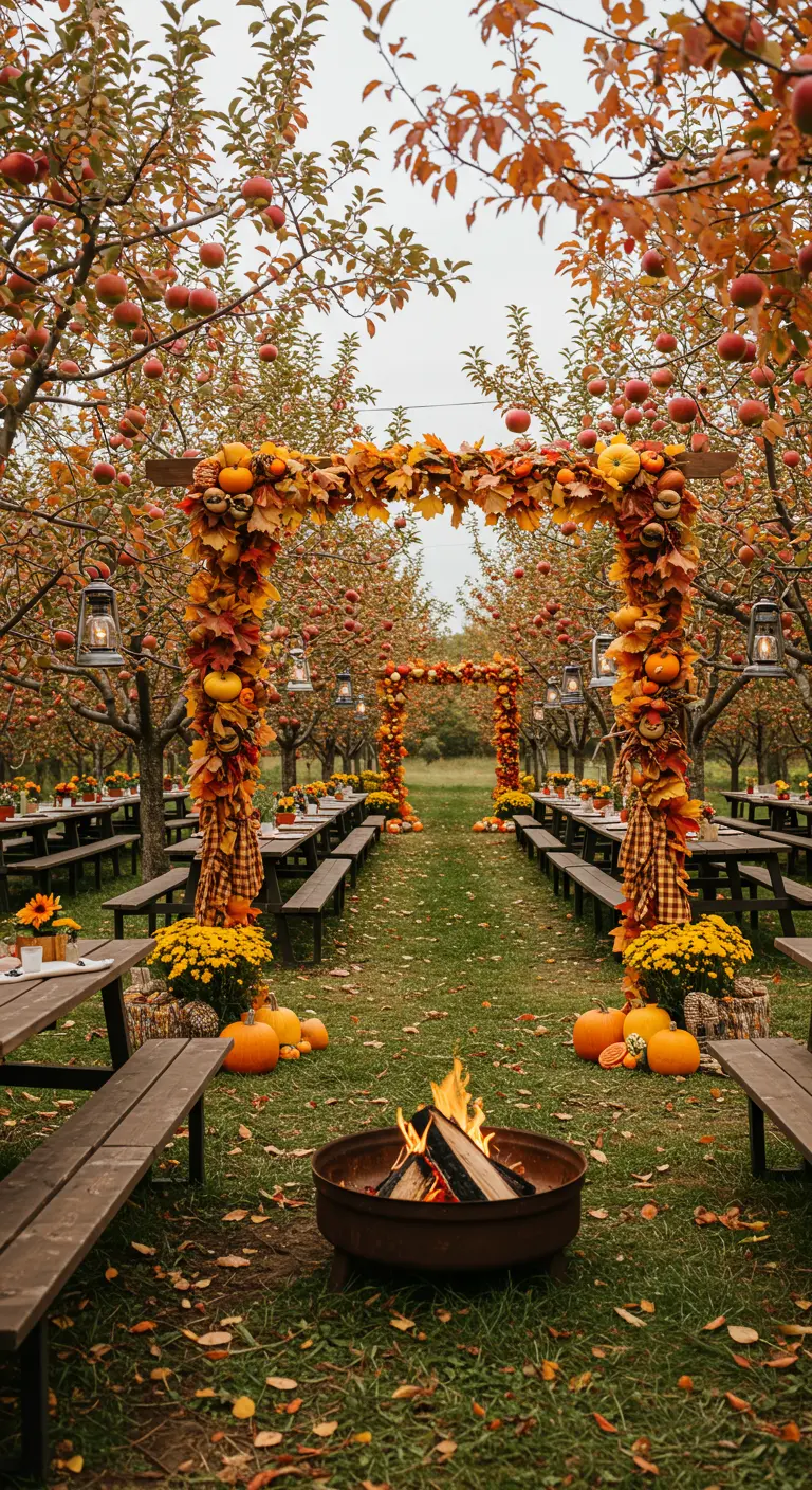Arche de mariage dans un verger d'automne avec feuilles colorées, citrouilles, lanternes et brasero.
