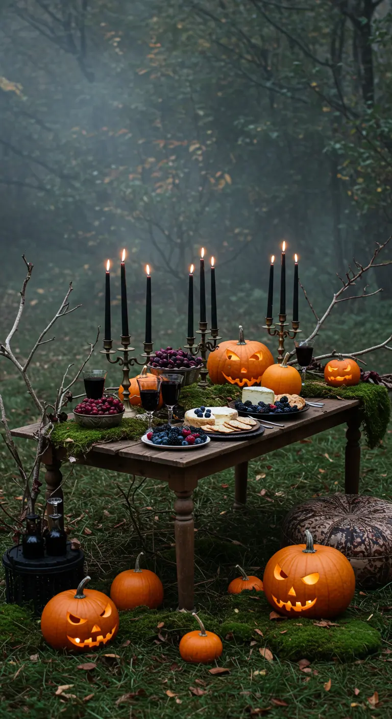 Table d'Halloween rustique avec citrouilles et bougies dans une forêt brumeuse.