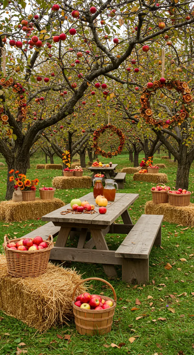 Verger de pommiers décoré pour l'automne avec tables de pique-nique, bottes de paille, paniers de pommes et couronnes d'oranges séchées.