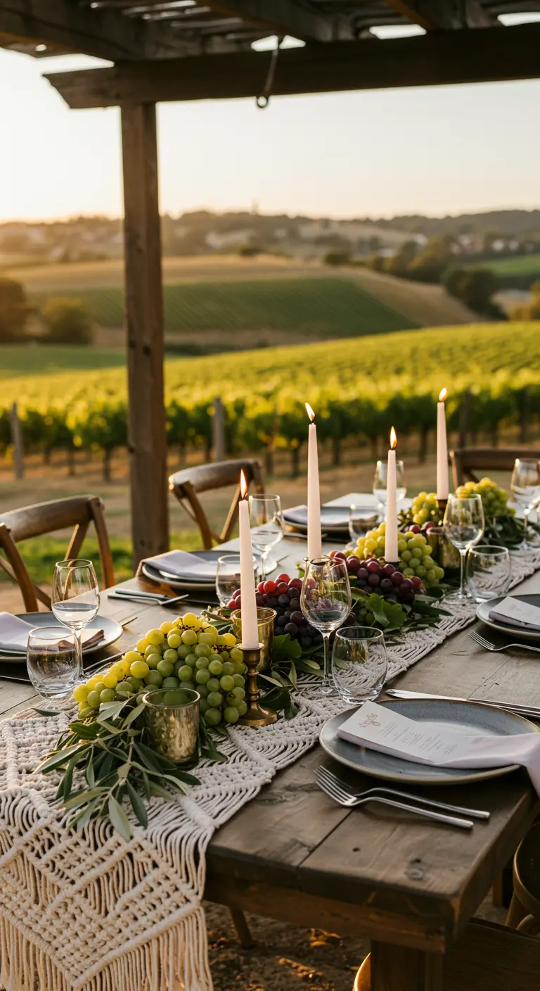 Table dans un vignoble, décorée de grappes de raisin et de feuilles de vigne.