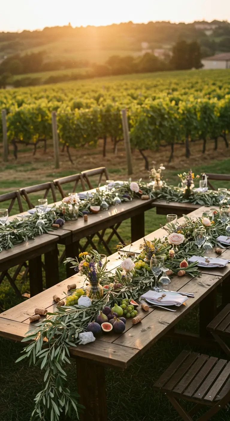 Table en bois dans un vignoble, décorée d'un chemin de table végétal avec des figues.