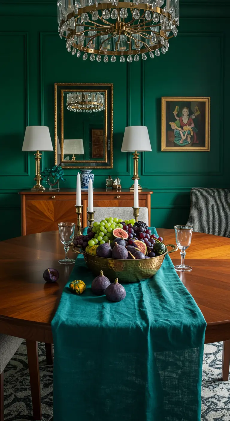 Table luxueuse avec chemin de table vert émeraude et coupe de fruits.