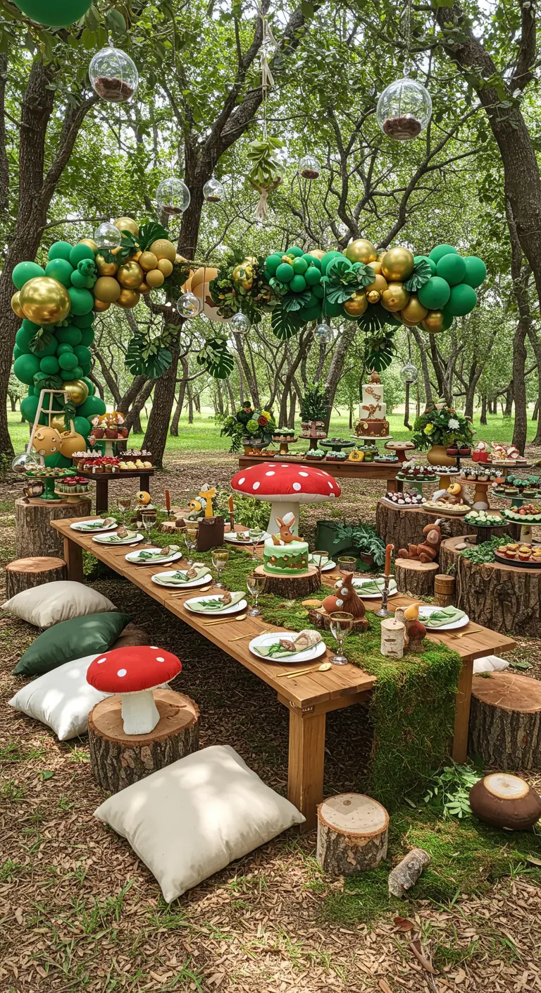 Table de fête basse en bois dans une forêt, avec coussins et arche de ballons verts.
