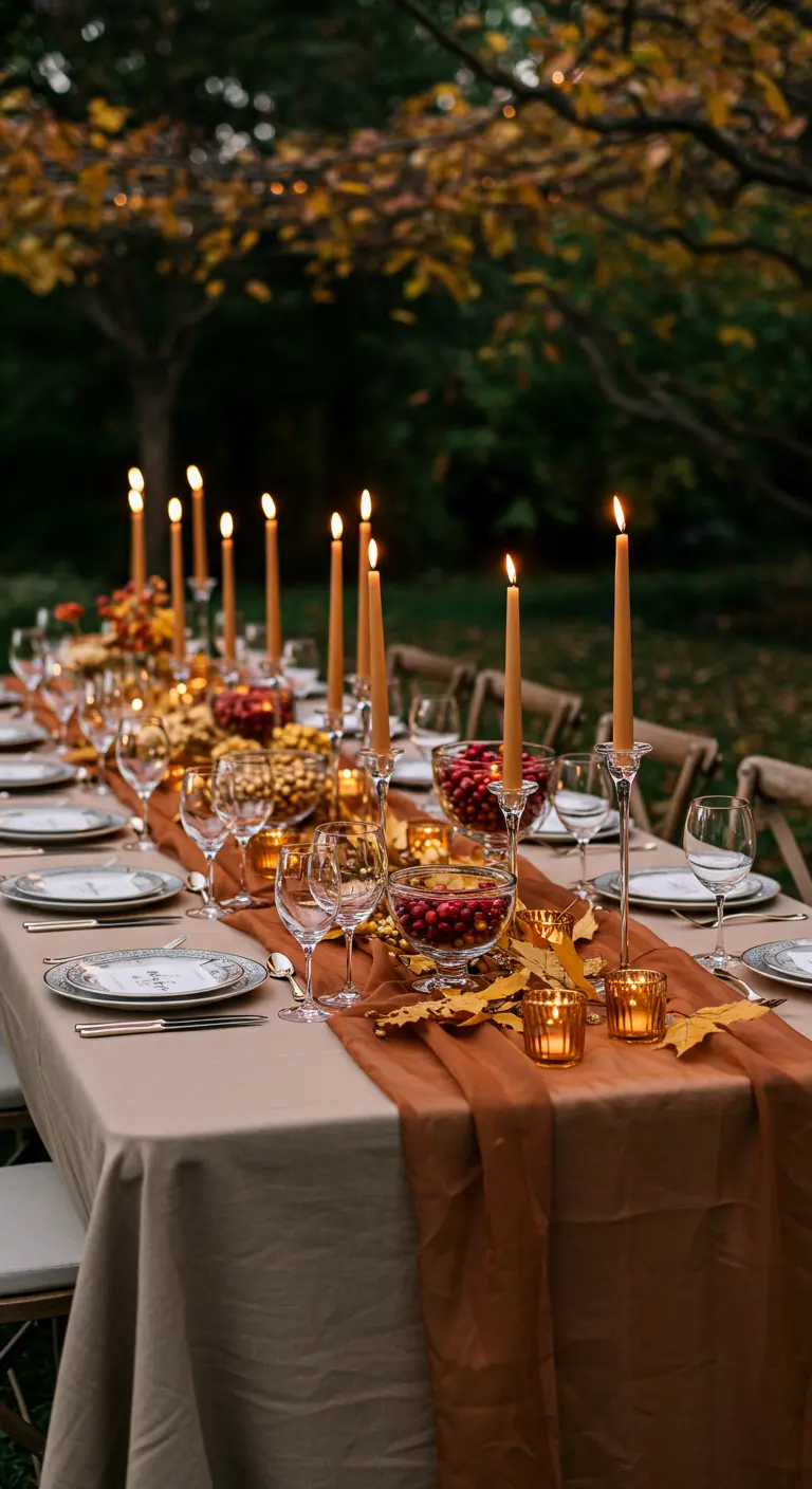 Une longue table d'extérieur beige avec un chemin de table terracotta, des bougies, des baies rouges et des feuilles d'automne.
