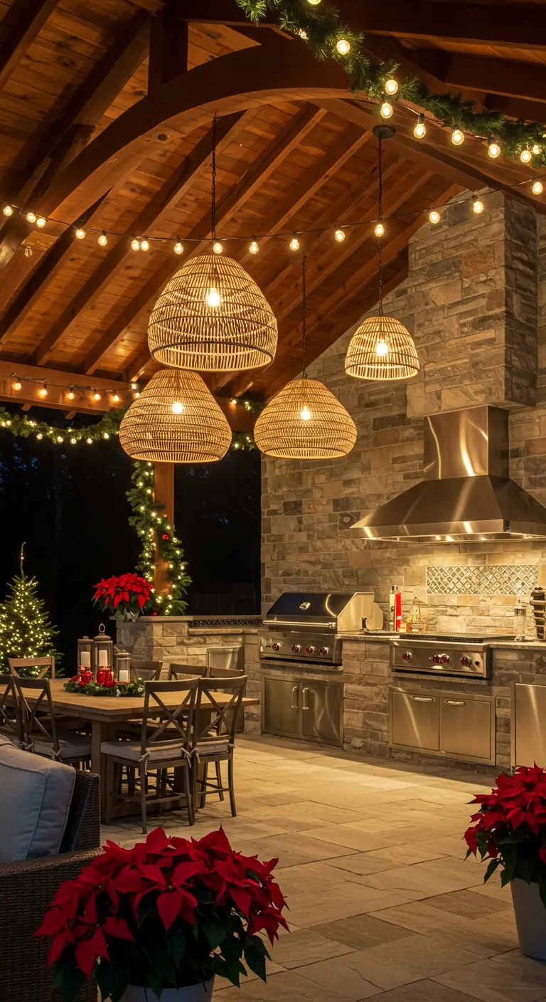 Cuisine et salle à manger d'extérieur décorées de guirlandes, suspensions en rotin et poinsettias.