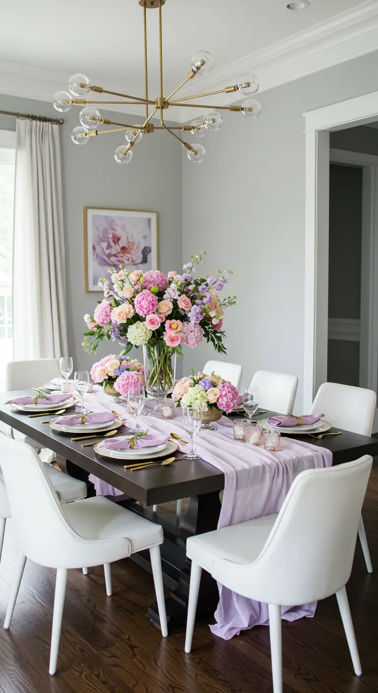 Grande table à manger avec un immense bouquet floral pastel et des bougies.