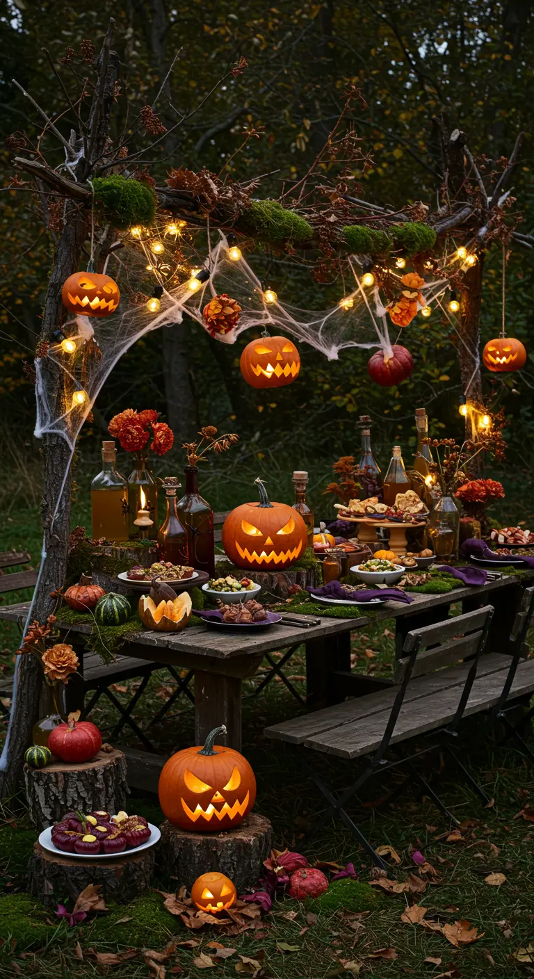 Table d'Halloween en forêt avec citrouilles lumineuses, guirlandes et toiles d'araignées.