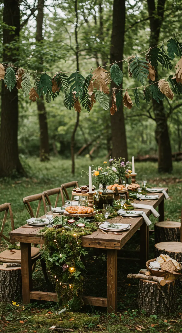 Table de fête en bois dans une forêt avec chemin de table en mousse, bougies et guirlande de feuilles en papier.