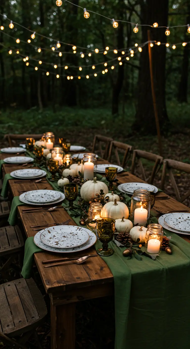 Table en forêt avec chemin de table vert, citrouilles blanches, bougies en bocaux, guirlandes lumineuses.