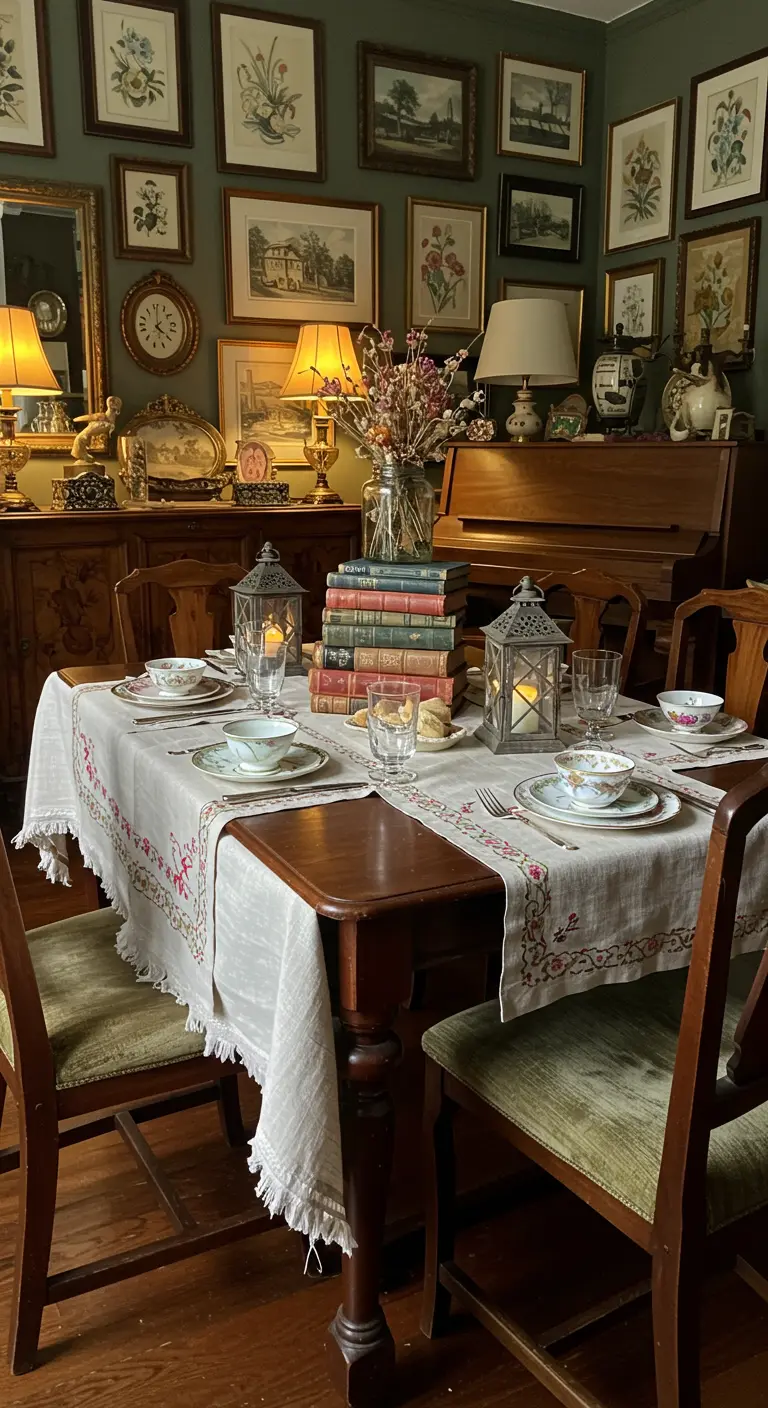 Table de salle à manger avec une pile de livres anciens, des lanternes et des bouquets de fleurs séchées.
