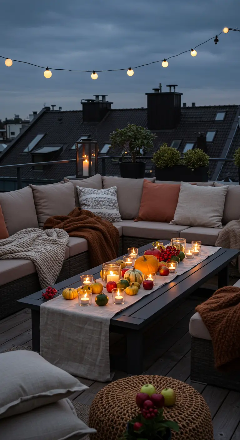 Table basse sur une terrasse avec chemin de table, citrouilles et bougies.