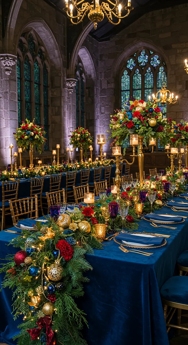 Longues tables royales avec nappes bleues, chemins de table sapin, boules colorées et hauts centres floraux.