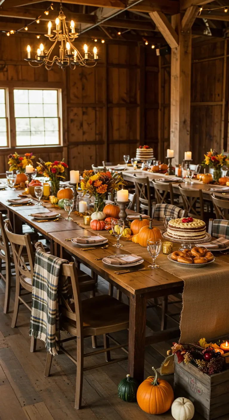 Dîner d'automne dans une grange avec citrouilles, bougies, plaids et compositions florales.