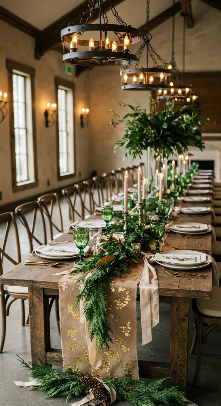 Longue table de banquet en bois avec chemin de table en jute doré et guirlande de sapin.