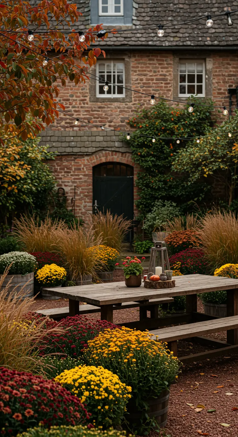 Table en bois entourée de chrysanthèmes et de citrouilles dans un jardin automnal, avec guirlandes lumineuses.
