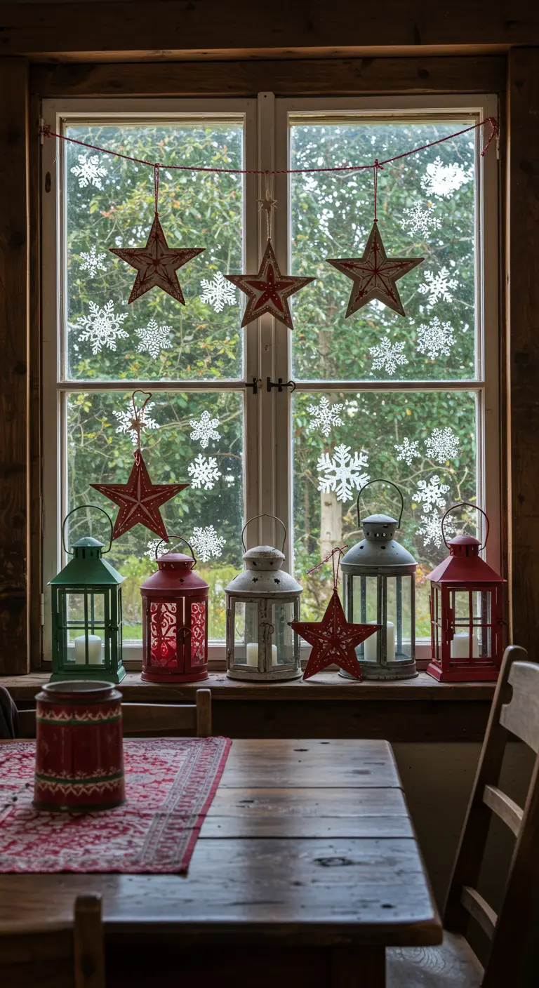 Fenêtre rustique avec étoiles à motifs rouges et blancs, et lanternes multicolores.