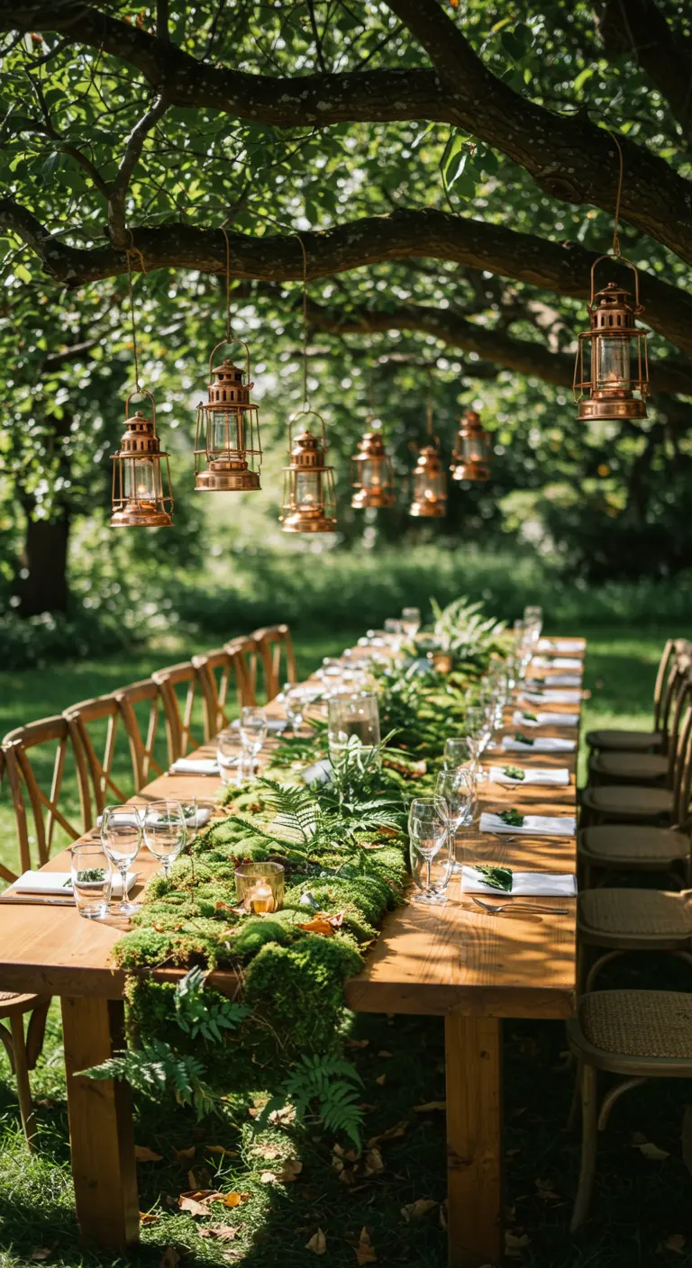 Table en bois dans une forêt avec un chemin de table en mousse et des lanternes en cuivre.