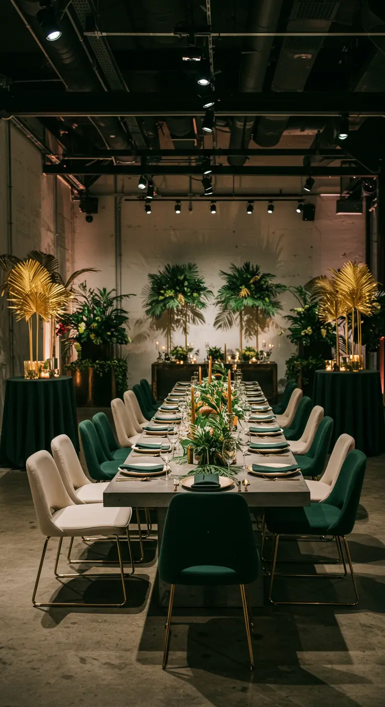 Longue table de banquet avec chaises en velours vert, centres de table dorés, plantes tropicales et éclairage tamisé.