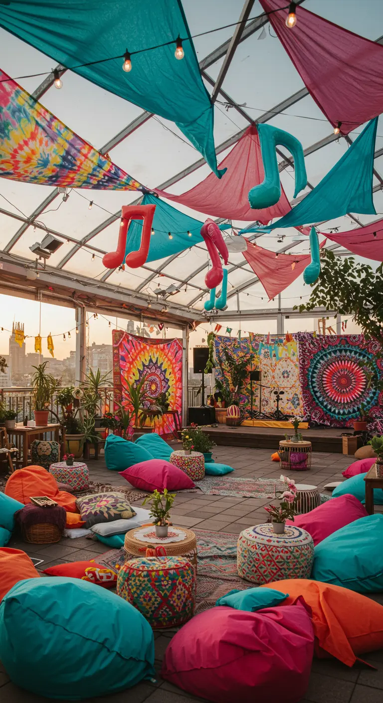 Terrasse avec tentes colorées, motifs tie-dye, poufs et ballons notes de musique.