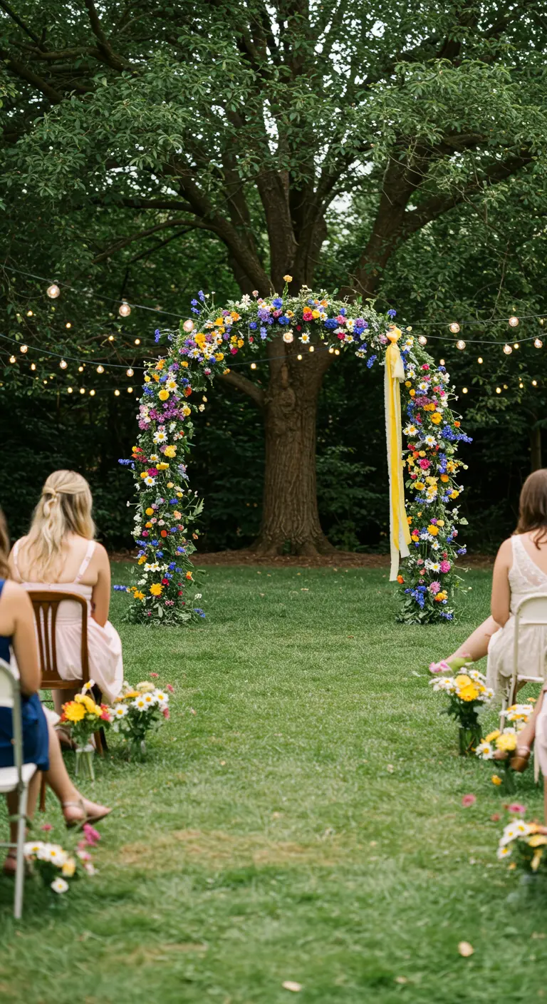 Arche de mariage entièrement couverte de fleurs sauvages multicolores.