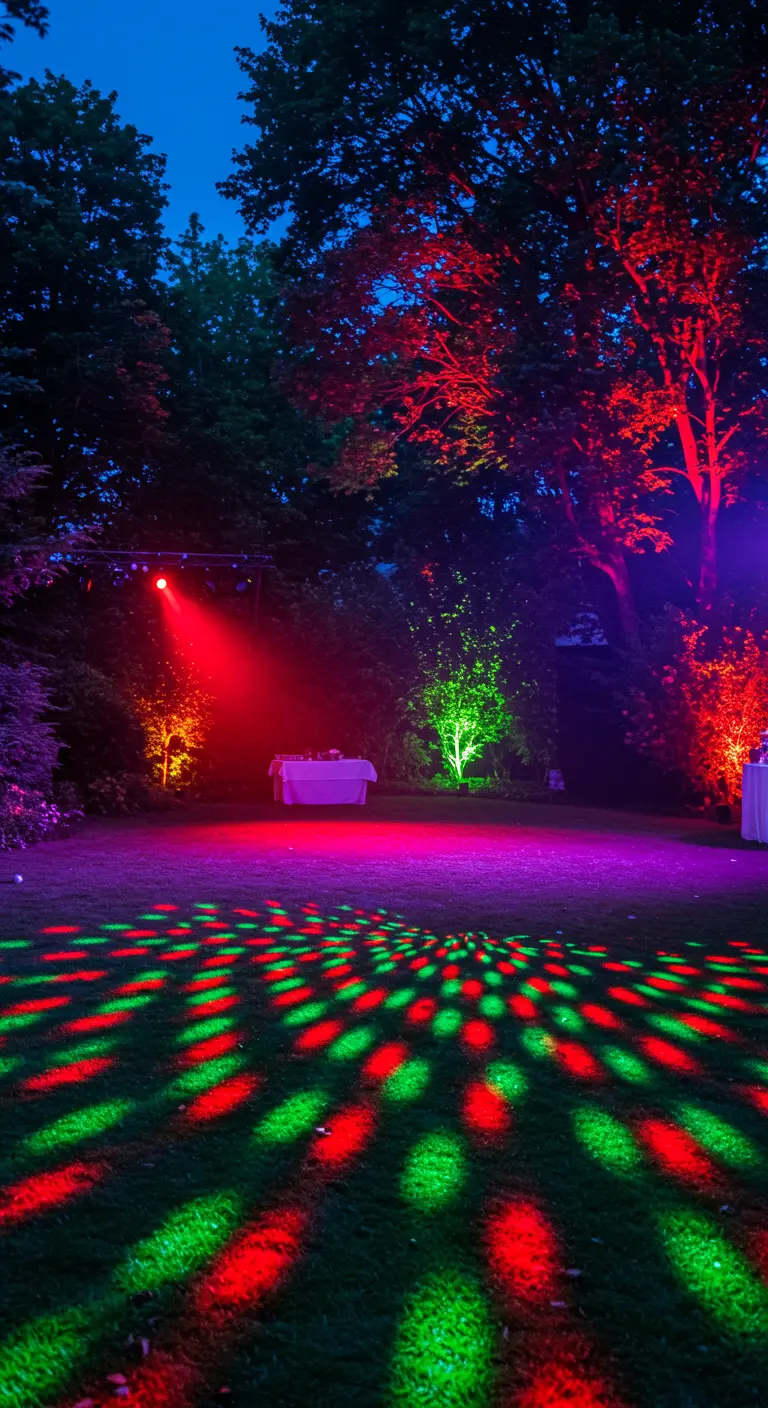 Jardin avec des projecteurs de scène colorés créant des motifs lumineux rouges et verts.