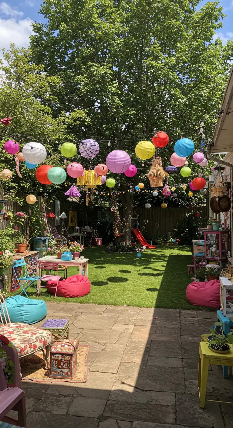 Jardin arrière coloré avec pelouse, lampions et guirlandes multicolores, et mobilier de jardin joyeux.