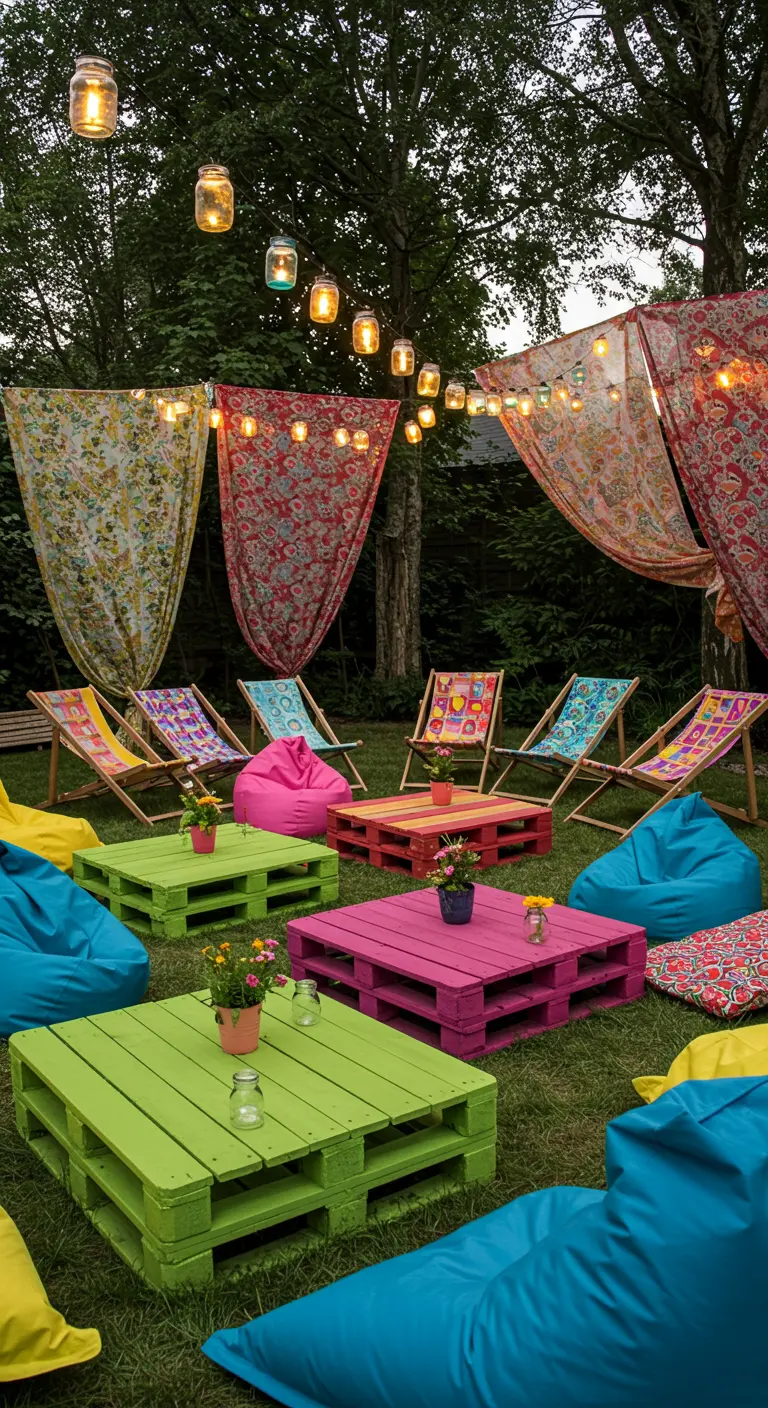 Jardin avec tables basses en palettes colorées, poufs et rideaux fleuris lumineux.