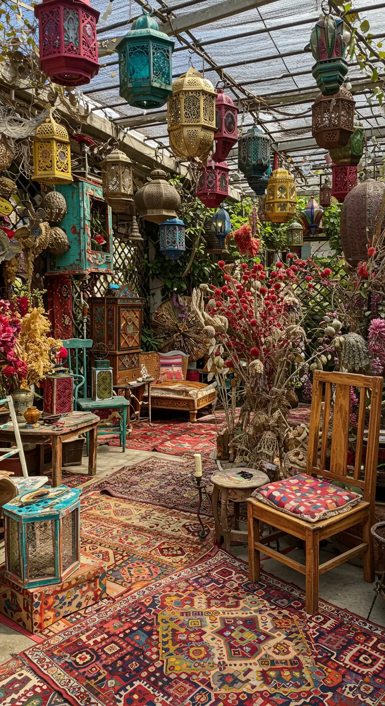 Espace extérieur bohème très coloré avec tapis superposés, meubles variés et de nombreuses lanternes métalliques suspendues.