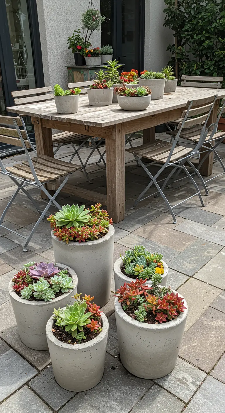 Table de jardin en bois avec des chaises, entourée de nombreux pots en béton de différentes tailles remplis de succulentes.