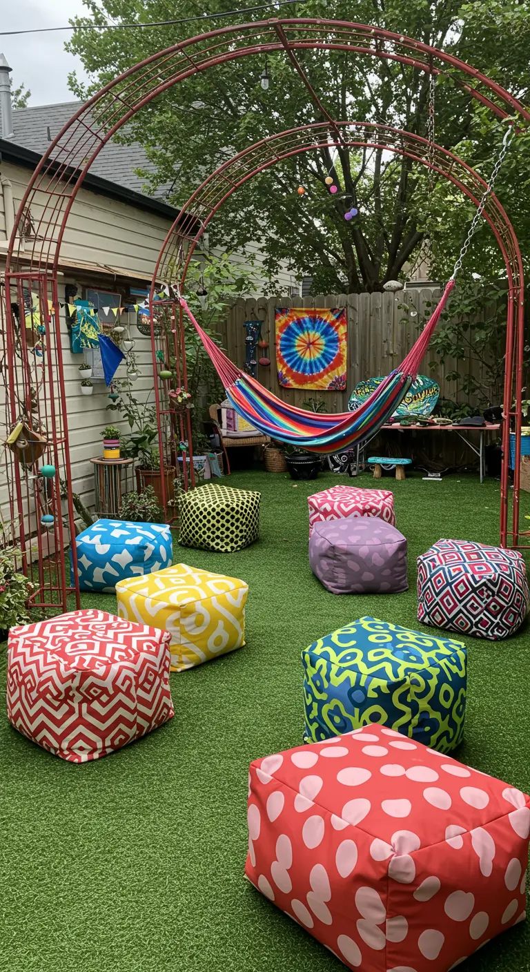Hamac arc-en-ciel et poufs à motifs colorés dans un jardin.